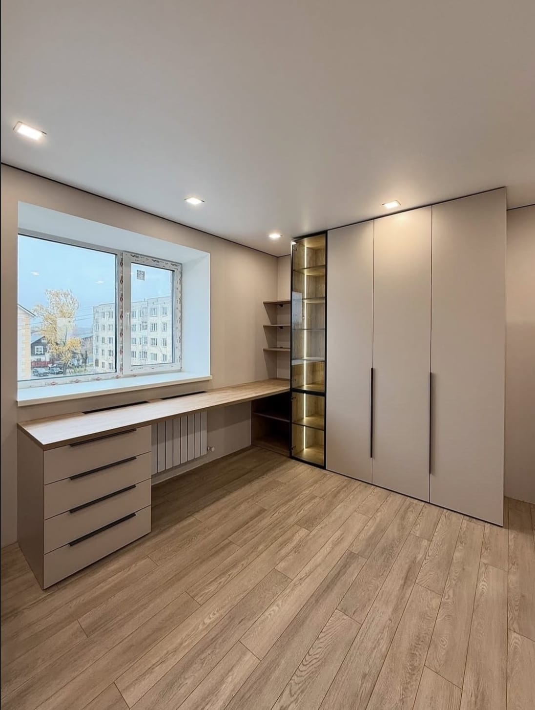 wardrobe ავსტრიული ლამინატით L ფორმის დიზაინით სრული ხედით