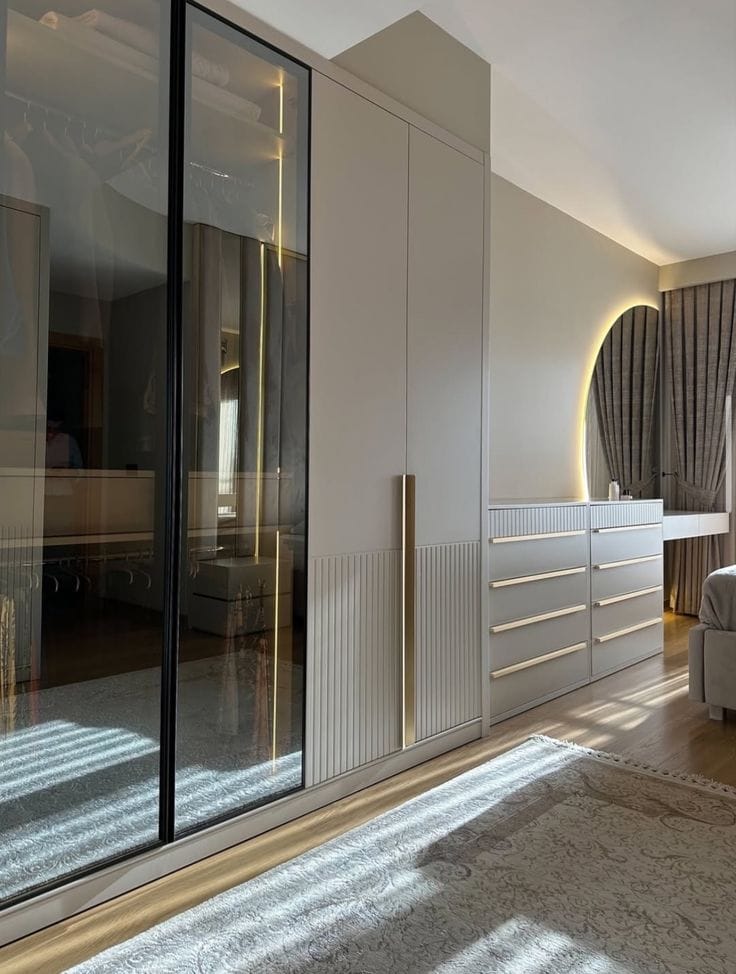 bedroom furniture შეღებილი და დაფრეზილი mdf კარადით სრული ხედით