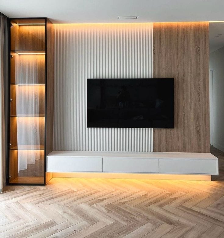 TV კედელი Modero Space Design-ისგან – ვიტრაჟული თაროები, კონსოლი ტელევიზორის ქვეშ, ბლუმის მექანიზმები, პრემიუმ ხარისხის დიზაინი