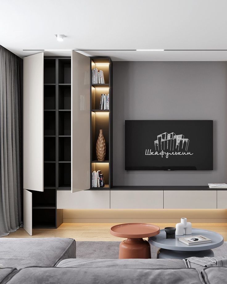 დახურული TV კედელი Modero Space Design-ისგან – კონსოლი ტელევიზორის ქვეშ, დახურული თაროები, ავსტრიული პრემიუმ მასალა, ბლუმის მექანიზმი