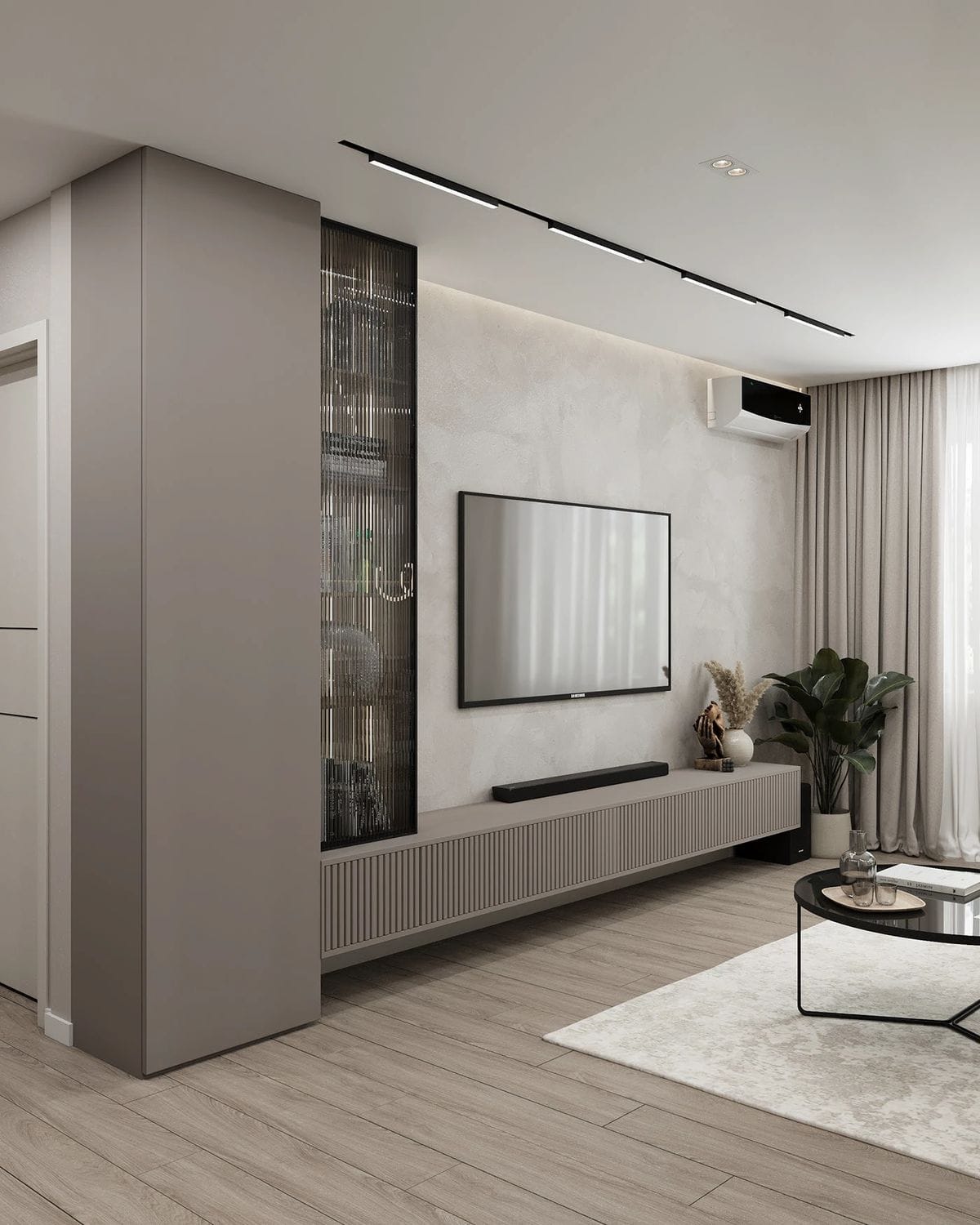 თანამედროვე TV კონსოლი Modero Space Design-ისგან – დახურული სისტემა, ვიტრაჟული დეტალები, დაბალანსებული დიზაინი