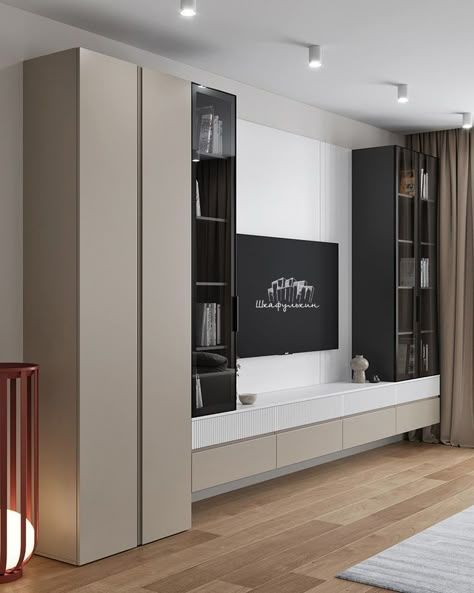 თანამედროვე TV კონსოლი Modero Space Design-ისგან – დახურული თაროები, ვიტრაჟული ელემენტები, დახვეწილი დიზაინი