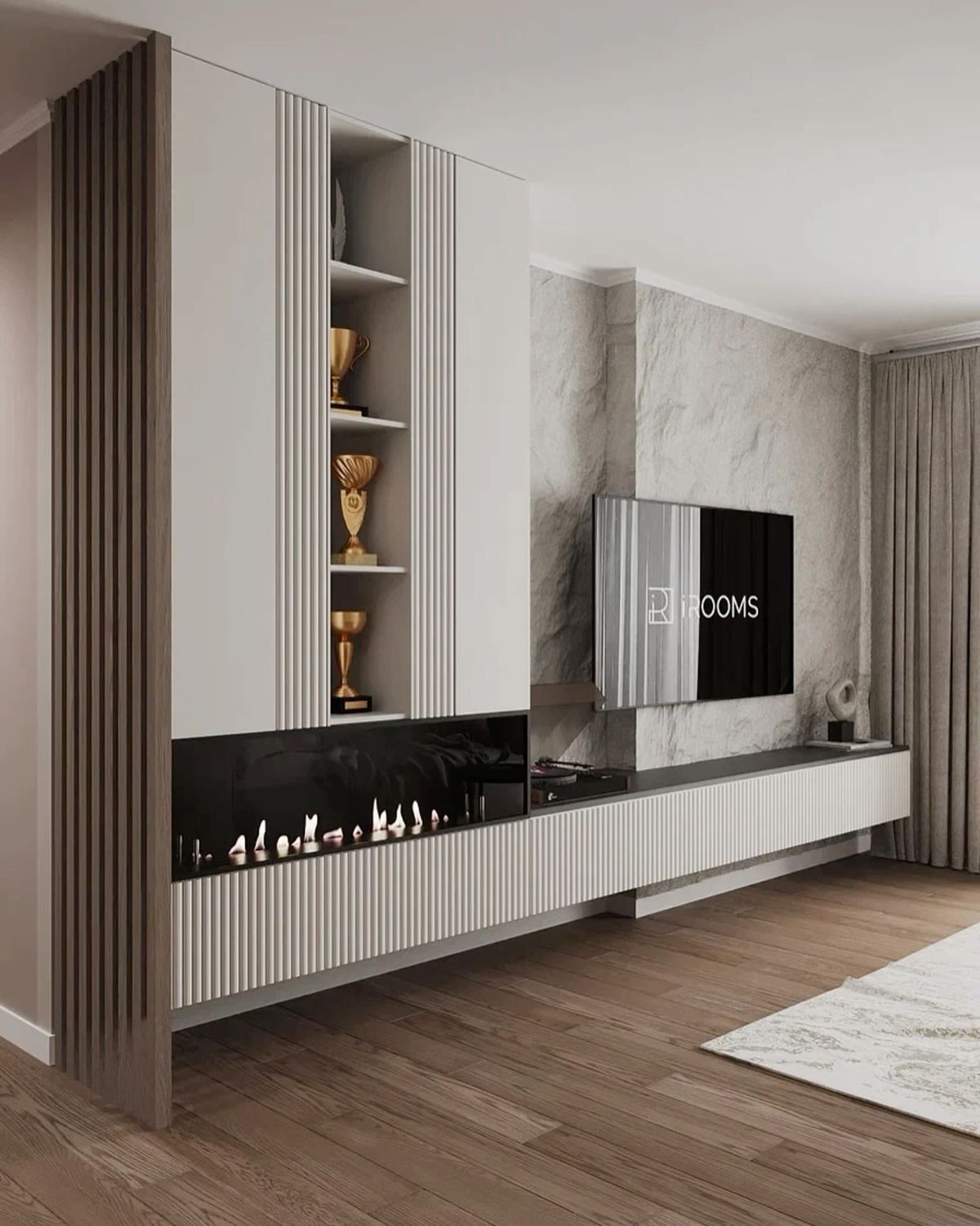 TV კედელი Modero Space Design-ისგან – შეღებილი და ფრეზირებული MDF, TV კონსოლი, დეკორატიული ბუხარი