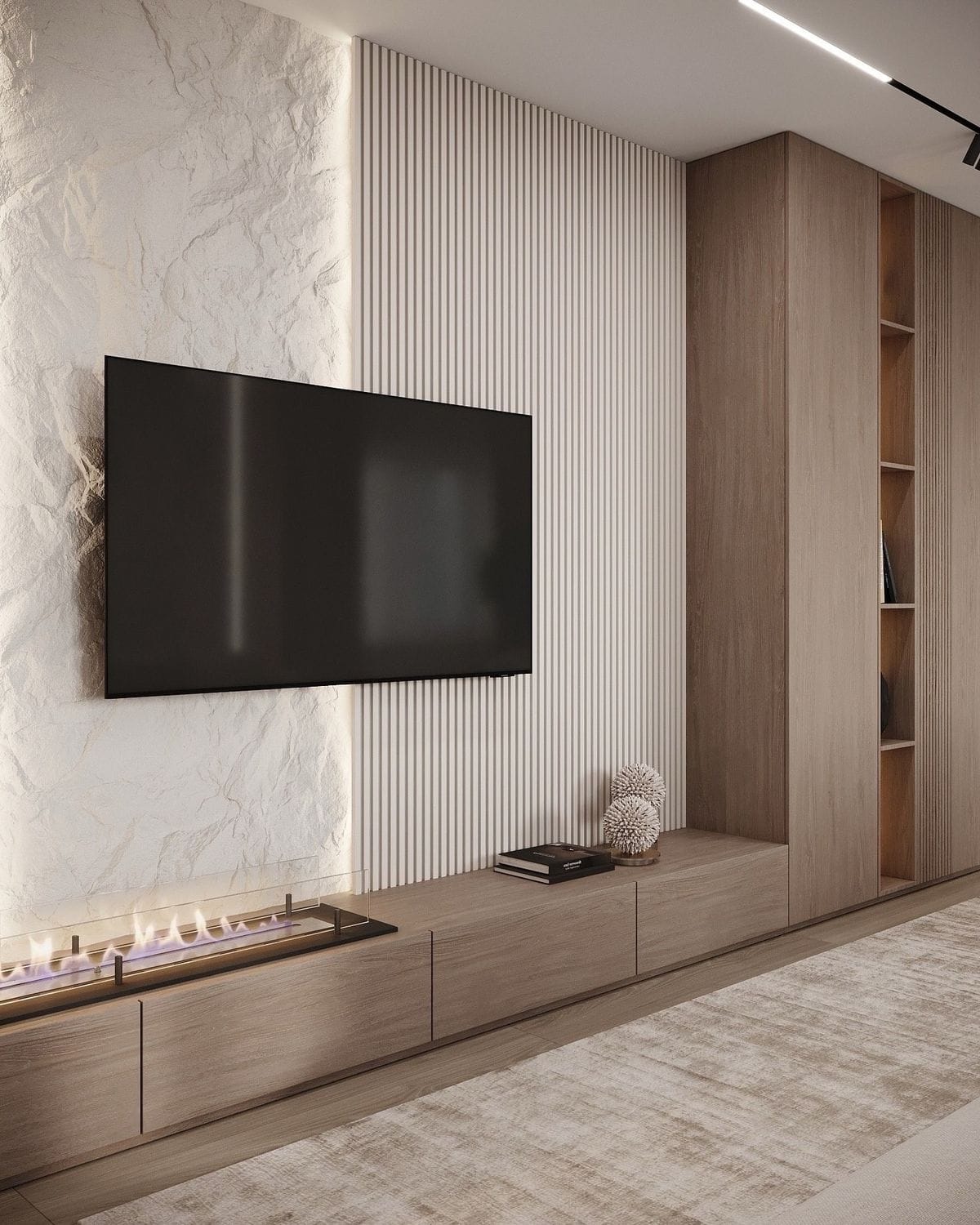 TV კედელი Modero Space Design-ისგან – ხისფერი შპონირებული MDF, დეკორატიული ბუხარი, დახურული კარადა და ღია თაროები