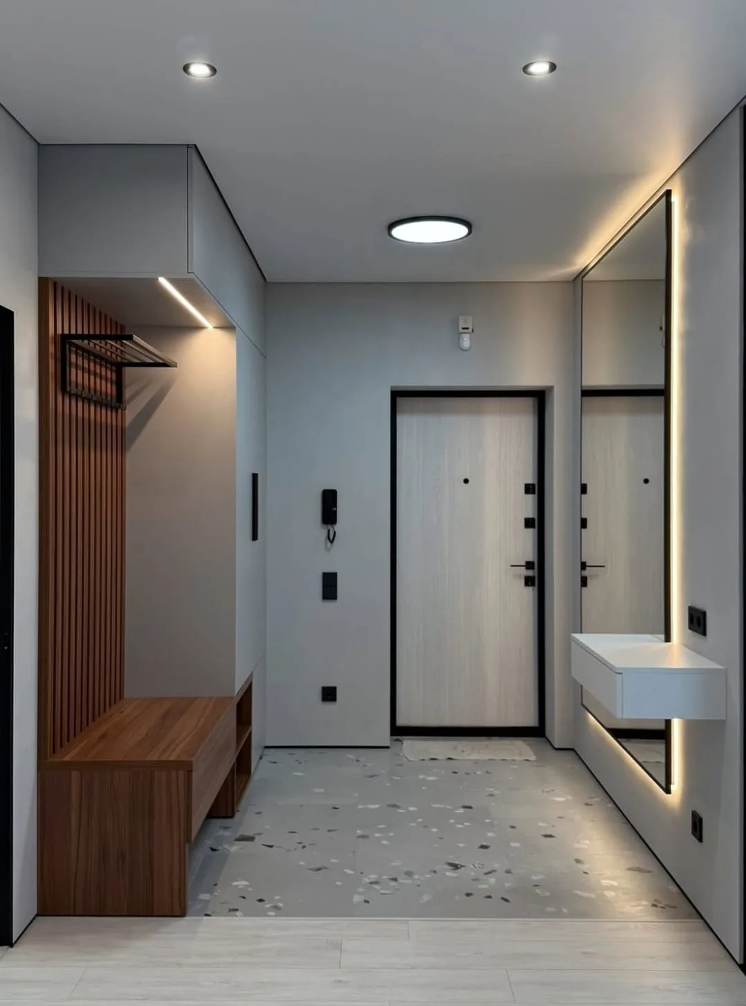 MDF შემოსასვლელი ავეჯი სარკით, ღია საკიდით და დახურული სათავსოებით