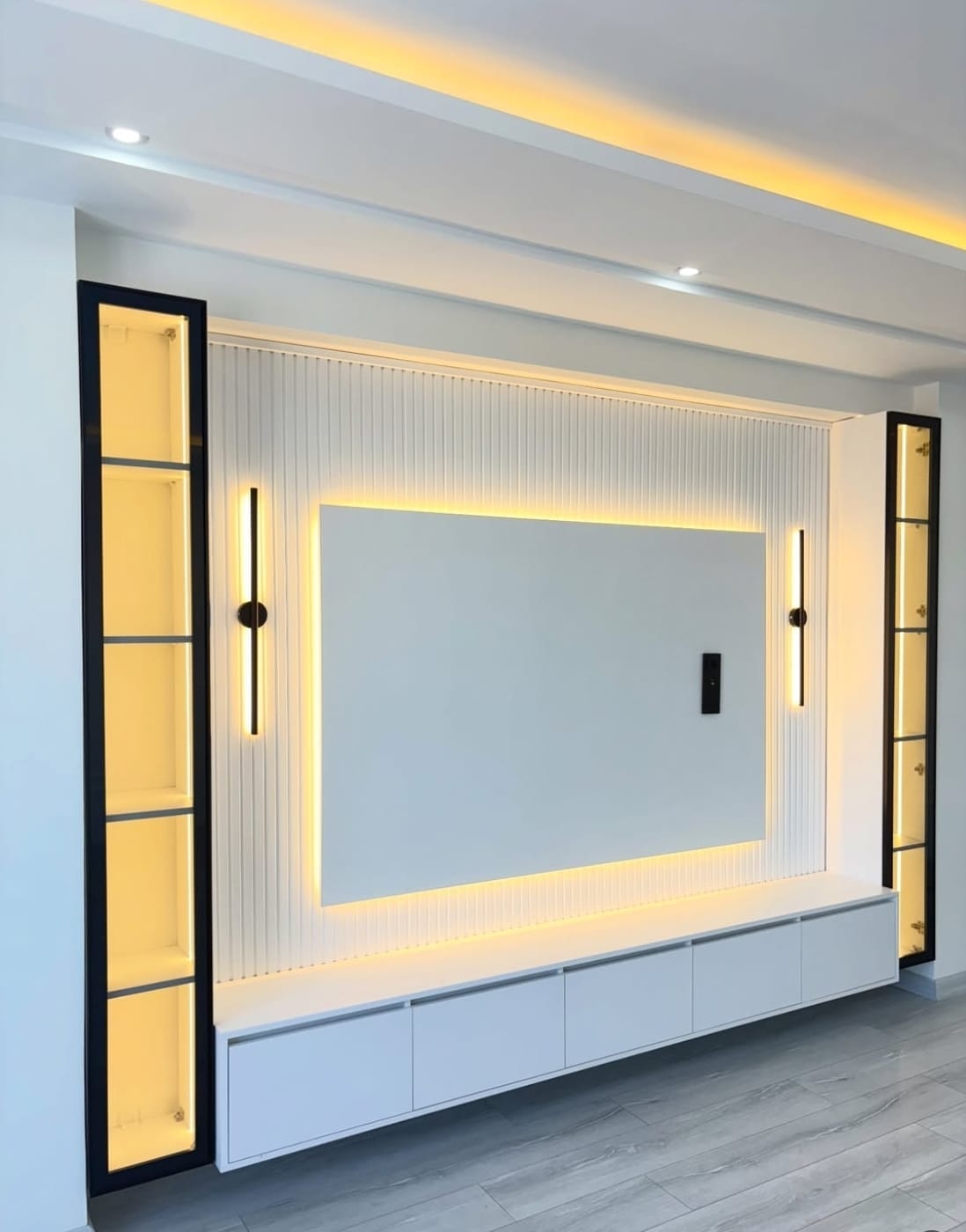 თანამედროვე TV სტენდი ლამინატის მასალით და დეკორატიული განათებით